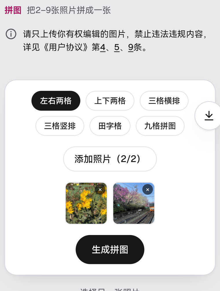 pixforge拼图界面选中左右两格，添加照片2/2，下面是黄花和桃花车站两张缩略图，生成拼图按钮已变成黑色可点