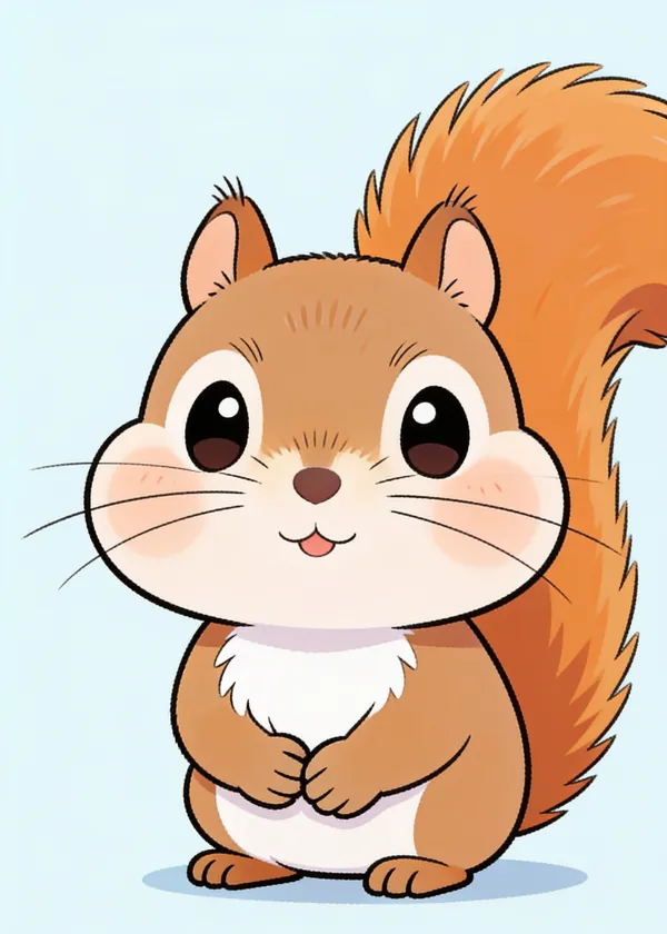 After style transfer: the same kind of squirrel redrawn as a cute chibi cartoon with big eyes