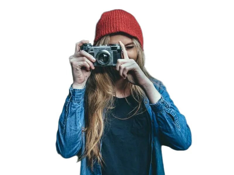After background removal: the same woman and camera on a plain white background