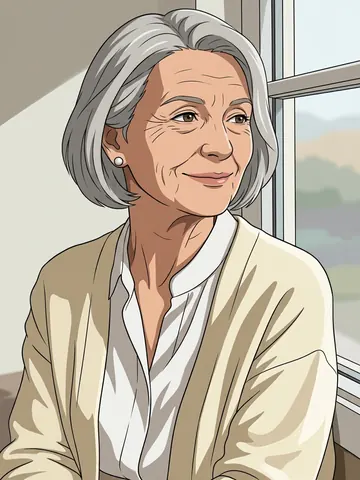 After Japanese anime style: the same woman redrawn as an anime illustration with clean outlines and flat colours