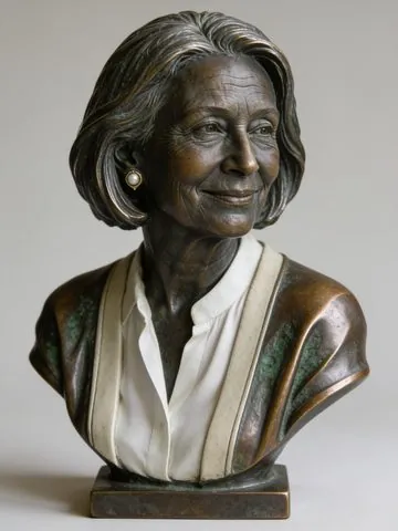 After antique bronze style: the same woman as a bronze bust on a small stone base