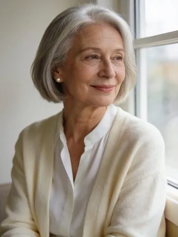 A portrait photo of an older woman with grey hair and a cream cardigan, sitting by a window