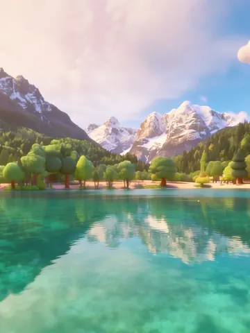 After 3D cartoon style: the same lake and mountains rebuilt as a rounded 3D cartoon scene with soft lighting
