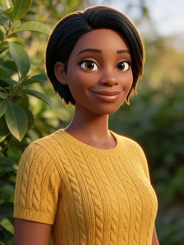 After 3D cartoon style: the same woman redrawn as a rounded 3D cartoon character with soft lighting, keeping her dark skin, short black hair and yellow top