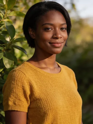 Portrait of a fictional person (AI-generated): a woman with dark skin and short black hair in a mustard-yellow knit top, in front of green leaves