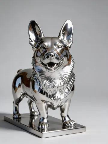 After mirror chrome style: the corgi rendered as a polished chrome statue on a plain grey background