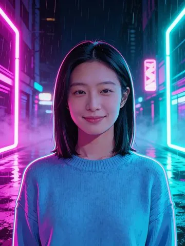 After cyberpunk style: the same woman in front of a neon-lit night street in pink and cyan