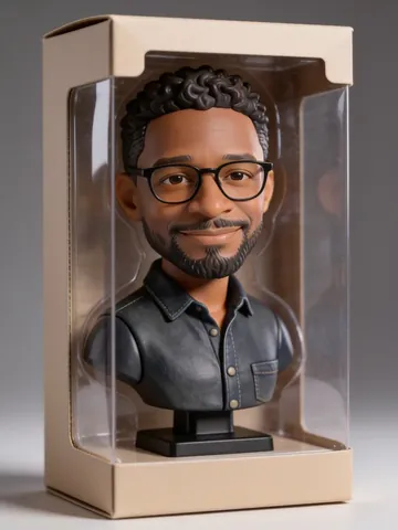 After 3D figure style: the same man as a collectible bust figure in a clear-window cardboard box on a grey background, keeping his glasses, beard, curly hair and skin tone