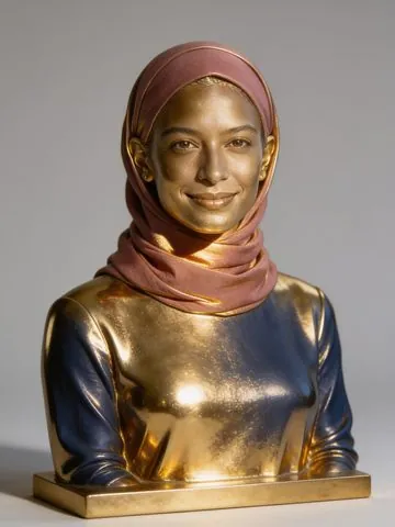 After gilded gold style: the same woman as a gold-plated bust on a gold base