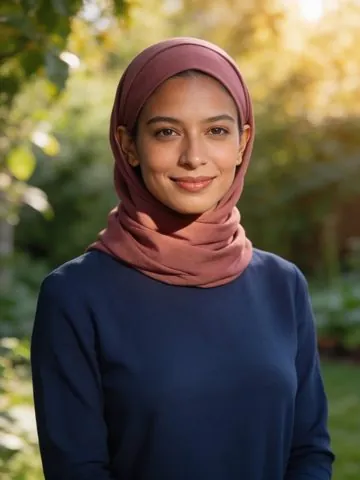A portrait photo of a woman in a dusty-rose headscarf and a navy sweater, in warm outdoor light