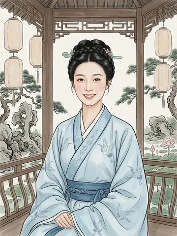 After Chinese classical style: the same woman redrawn as a classical illustration in a light-blue hanfu inside a garden pavilion with lanterns