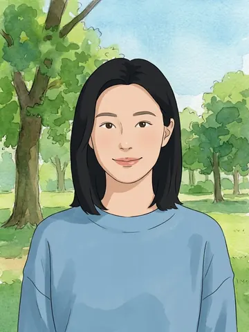 After hand-drawn animated film style: the same woman redrawn with ink outlines and soft watercolor-like backgrounds
