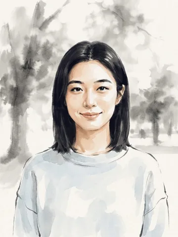 After ink wash style: the same woman redrawn in black ink with a soft warm skin tone, a pale blue sweater and loosely painted gray trees behind her