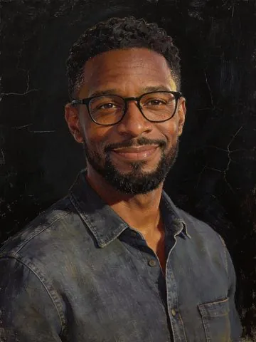 After classical oil painting style: the same man repainted as a classical oil portrait on a dark background