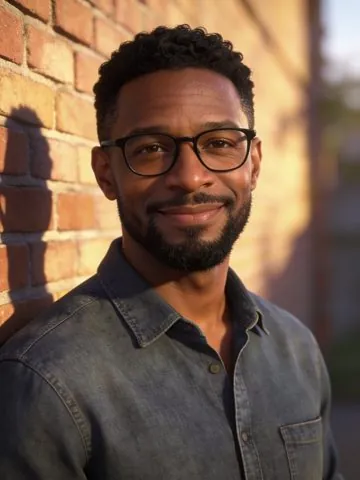 A portrait photo of a bearded man with glasses and a grey denim shirt, standing by a sunlit brick wall