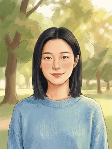 After storybook style: the same woman redrawn in soft pencil and crayon strokes with a warm sunlit park behind