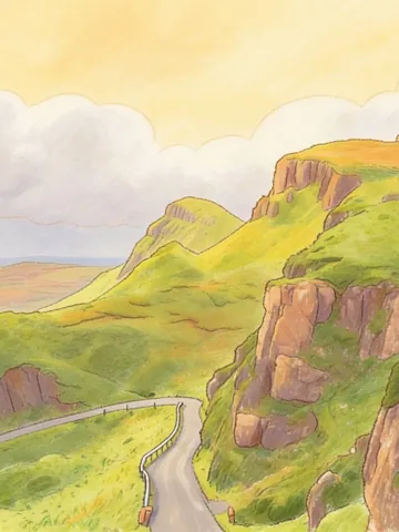After storybook style: the same green hills and rock faces with a winding road, under soft clouds, repainted as a colored-pencil and gouache picture-book illustration