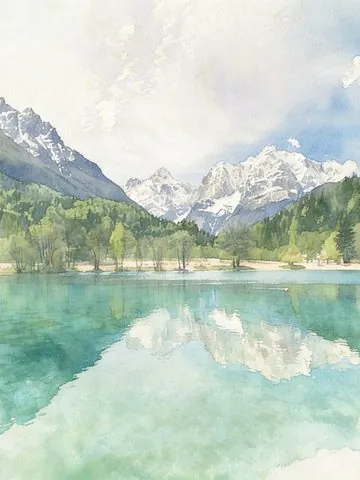 After watercolor style: the same lake and mountains repainted in soft watercolor washes